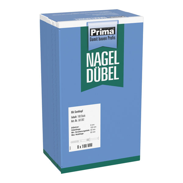 Prima Nageldübel Senkkopf 8x100 mm 1 Pack = 100 Stück, vormontiert