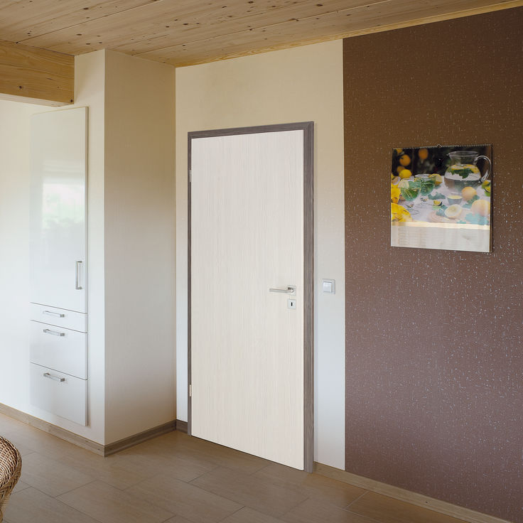 Raum mit Holzdecke und weißer Tuer