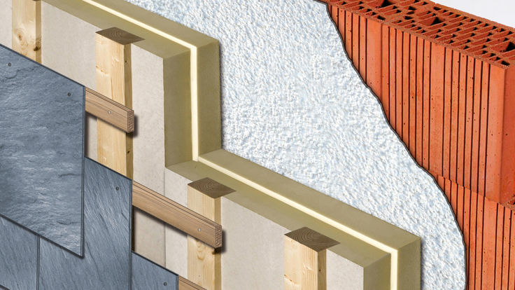 Fassade mit Waermeschutzsystem aus Polyurethan-Hartschaum-Elementen