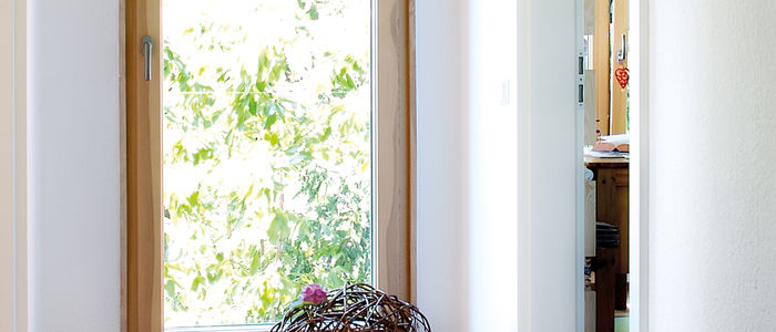 Flur mit spielendem Jungen vor Fenstertuer