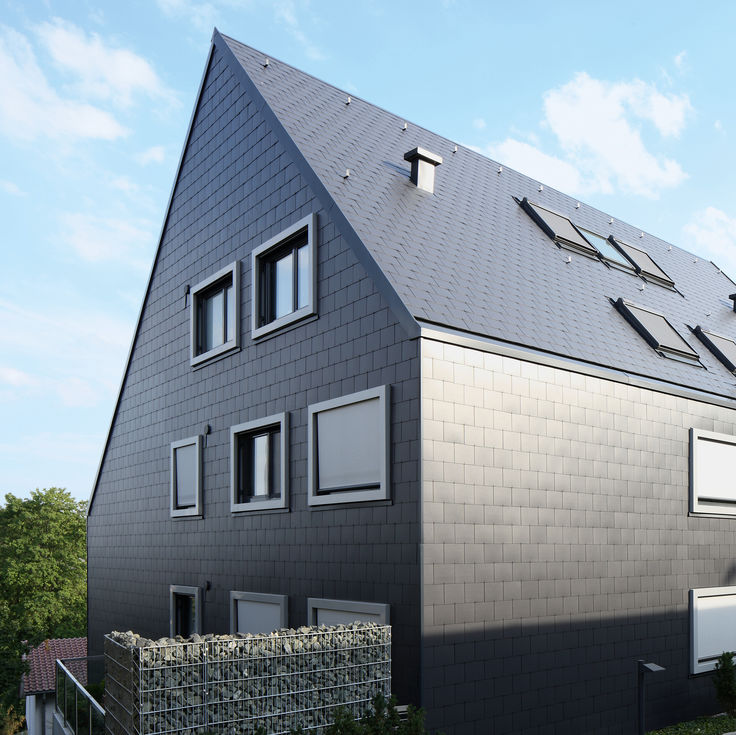 Haus mit grauer Rundum-Fassade